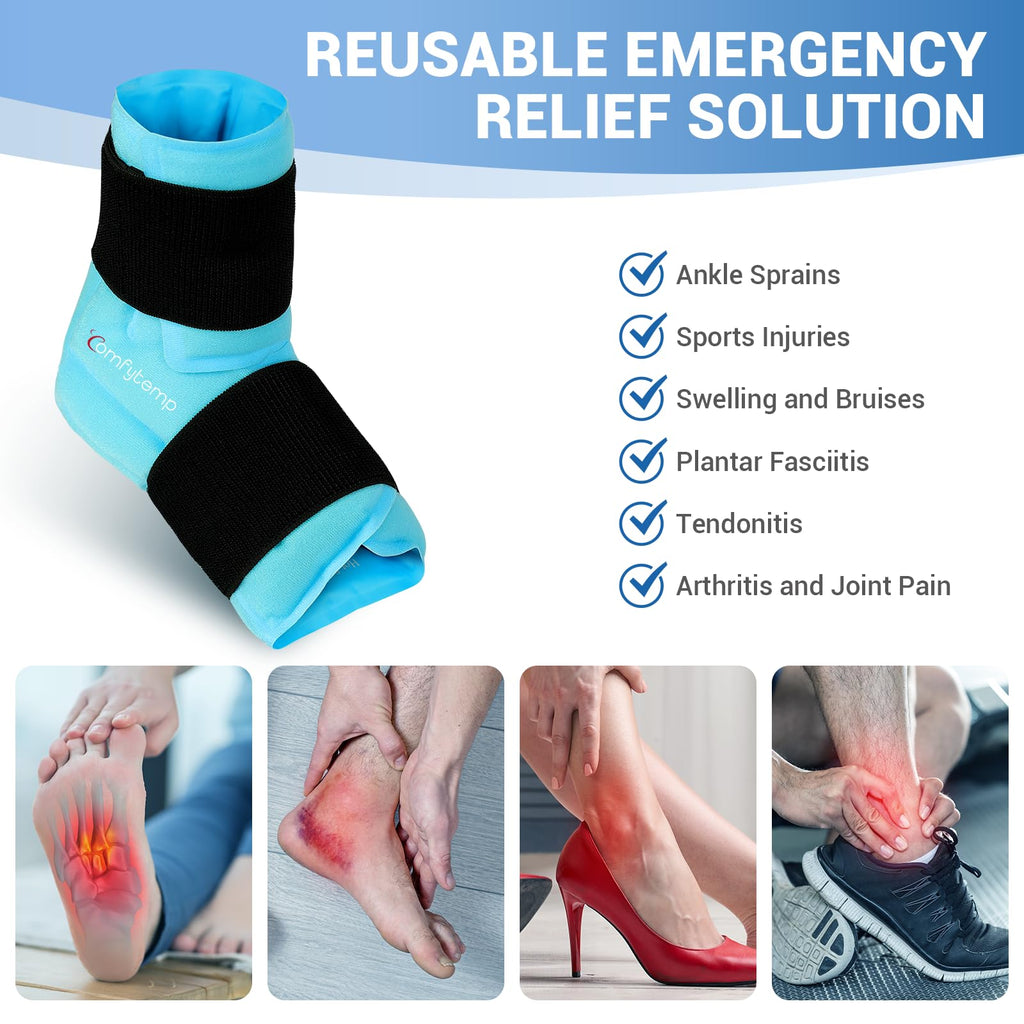 Comfytemp Ankle Foot Ice Pack Wrap for Plantar Fasciitis Relief, Ankles Brace for Sprain, Heel Spur, Swelling, Achilles Tendonitis, Cold Bag for Injuries Reusable, Hot Cold Compress, 1 Pack (Blue)