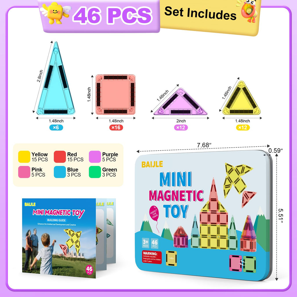 BAIJLE 46PCS Mini Magnetic Tiles, Portable Magnetic Toys Travel Set with Iron Case for Kids Ages 4-8,Creativity Boosting Building Toys Set,Toddler Puzzle Birthday Gift Toys for Boys and Girls Ages 3+