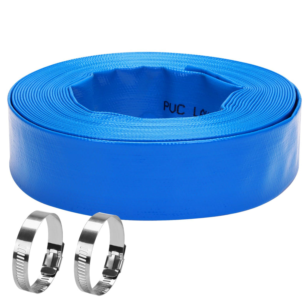 DERPIPE Lay-Flat Pool Backwash Hose - 1.5" x 50Ft Reinforced Heavy Duty PVC Discharge Hose Weather-Proof Vinyl Pool Drain Hose for Water Transfer with 2 clamps