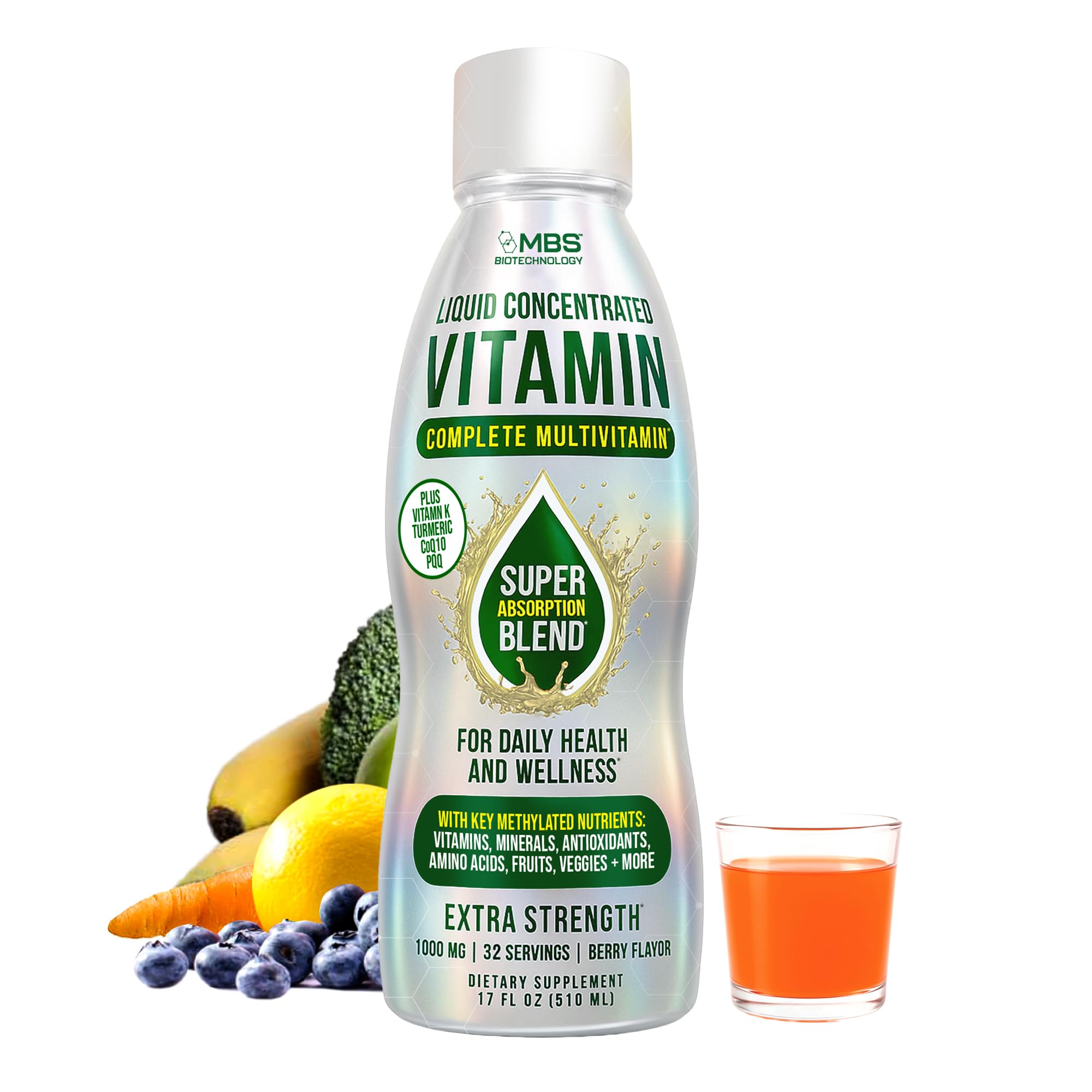 MBS Biotechnology Liquid Multivitamin for Adults – Complete High-Absorption Daily Vitamin with Superfoods, CoQ10, B-Complex, Turmeric & PQQ – Immune & Energy Support – Berry Flavor, 17 oz