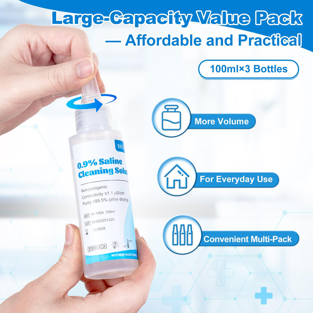0.9% Saline Cleaning Solution, Normal Solution, Ready-to-Use for Daily Cleaning, Household Use, 100ml Each, 3 per Box, 300ml /10.56 FL OZ
