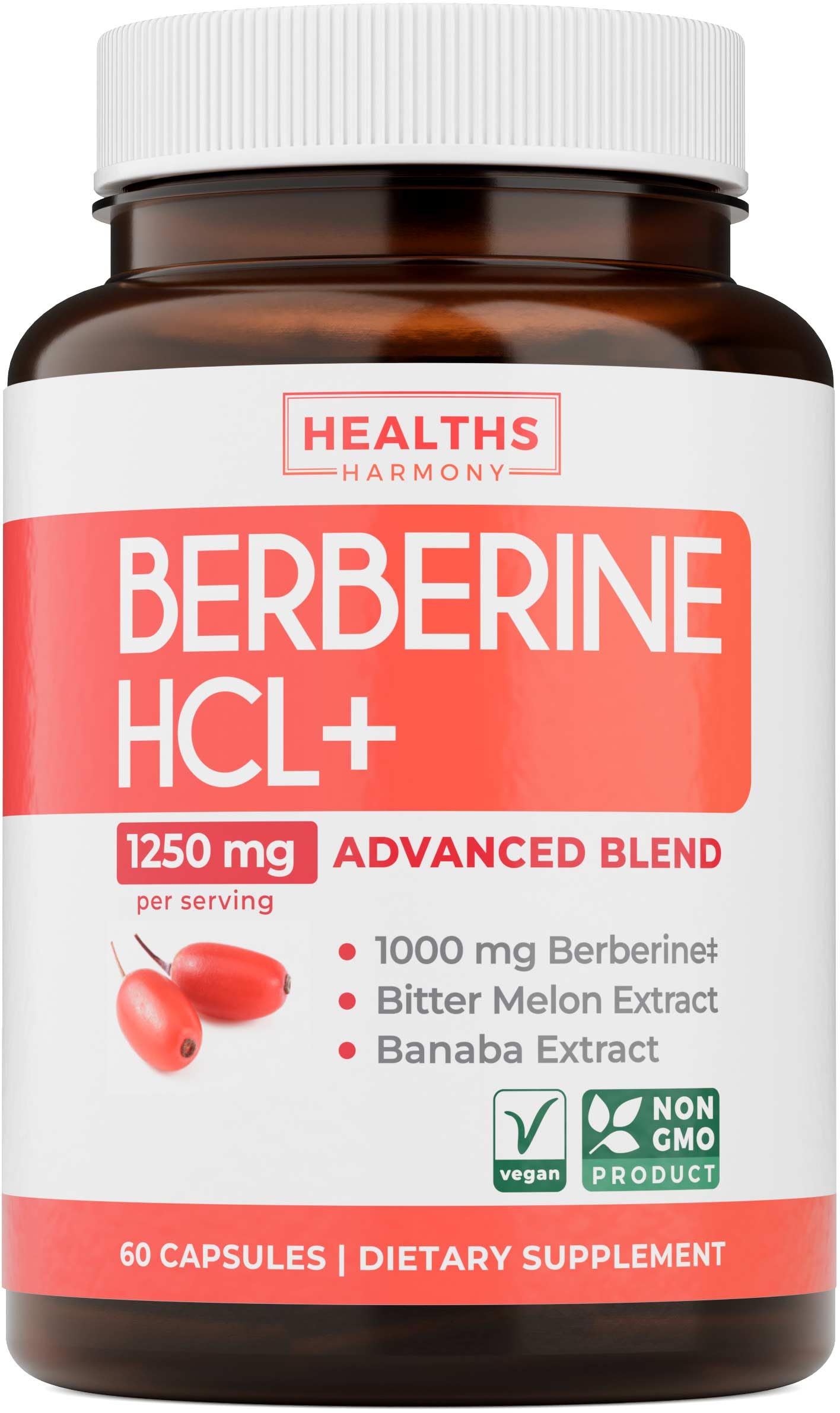 Berberine Supplement (Non-GMO & Vegetarian) Berberine HCL Plus Bitter Melon & Banaba Leaf Extract Capsules - Berberine 500mg Each, 1000mg Per Serve - AMPK Metabolic Activator - 60 Caps (No Pills)