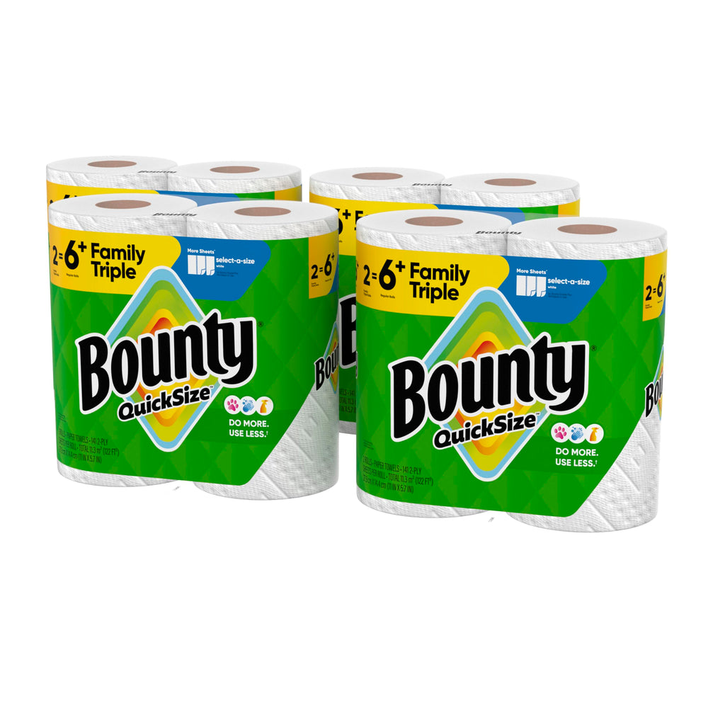 Bounty Quick-Size Paper Towels, White, 8 Family Triple Rolls = 27 Regular Rolls