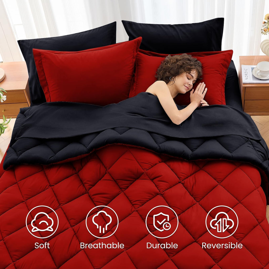 MUXHOMO Queen Comforter Set 7 Pieces, Reversible Bed in a Bag, Red/Black