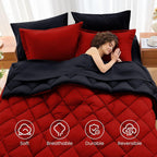 MUXHOMO Queen Comforter Set 7 Pieces, Reversible Bed in a Bag, Red/Black