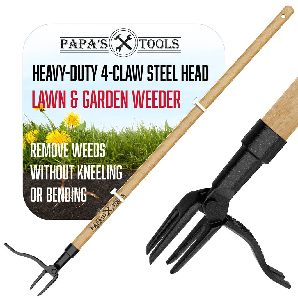 Papa's Tools One-Piece Weed Puller Tool - Stand Up Weeder, Heavy Duty Long Wooden Handle, Real Bamboo, 4-Claw Steel Head