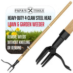 Papa's Tools One-Piece Weed Puller Tool - Stand Up Weeder, Heavy Duty Long Wooden Handle, Real Bamboo, 4-Claw Steel Head
