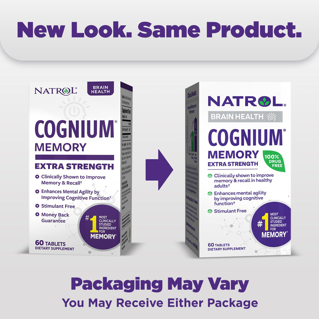 Natrol Cognium Memory Extra Strength, Brain Health Supplements for Adults, Brain Memory Supplements, Enhances Mental Agility in Healthy Adults, 60 Tablets, Up to a 30 Day Supply