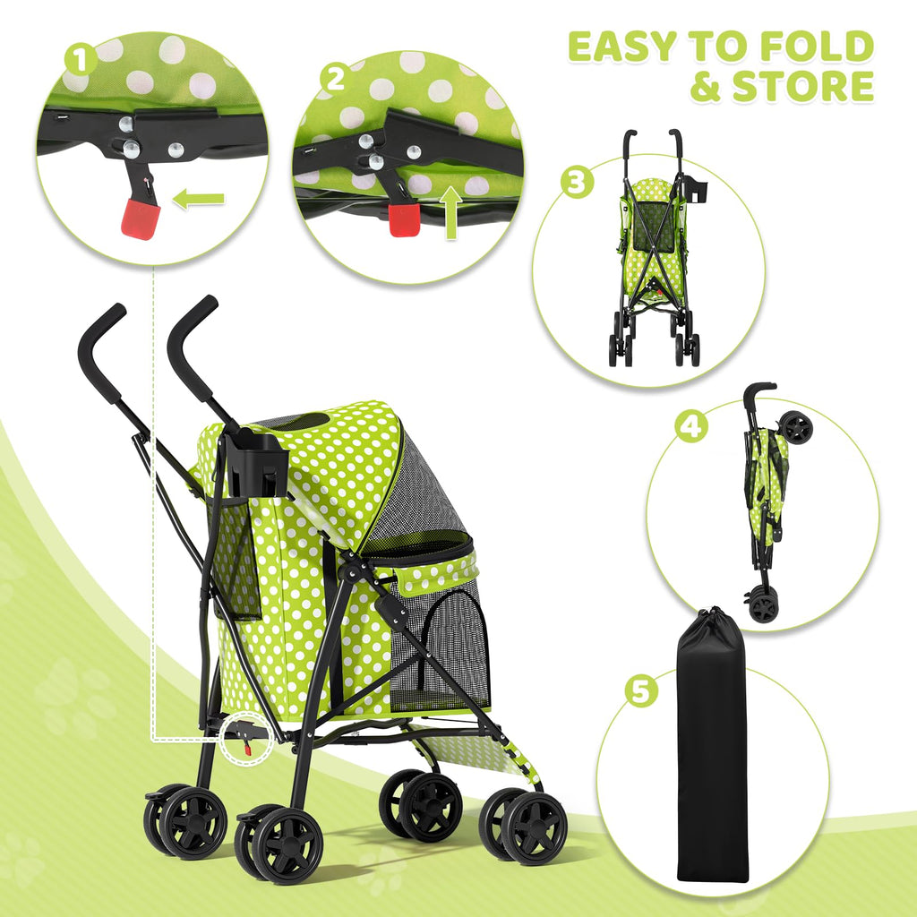 Magshion Compact Pet Stroller for Small-Medium Dogs/Cats up to 22lbs, 4-Wheel Lightweight Umbrella Shaped Portable Puppy Travel Jogger with Breathable Mesh, Cup Holder & Rear Storage, Lawn Green