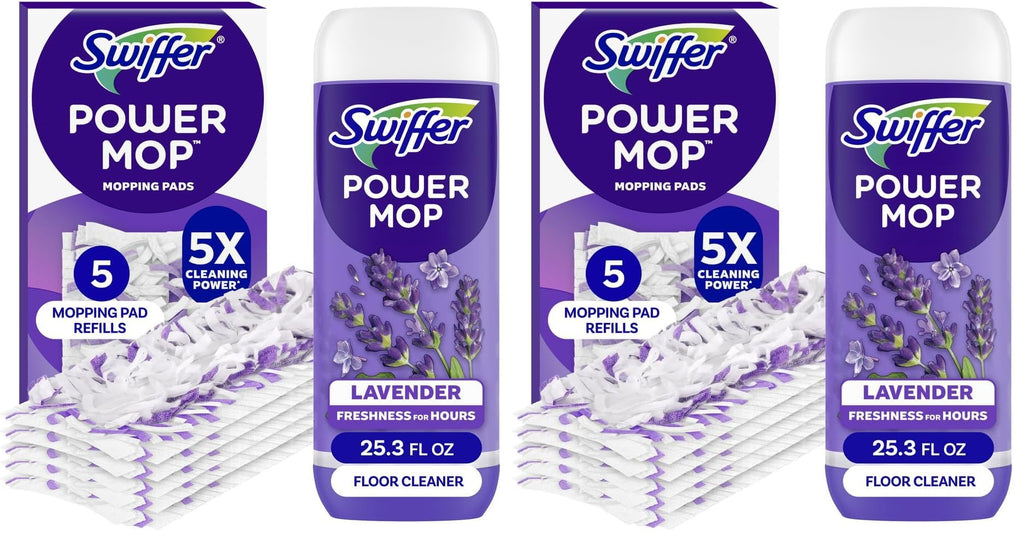 Swiffer Power Mop Refill, Floor Cleaner for Mopping Tile, Vinyl, Laminate, Wood in Home, Bathroom, Kitchen, All Purpose Multi-Surface Cleaning, 5 Pads + 1 Lavender Solution (Pack of 2)