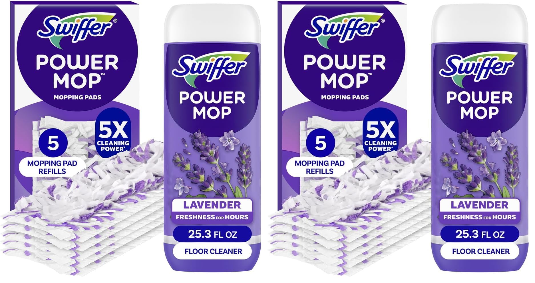 Swiffer Power Mop Refill, Floor Cleaner for Mopping Tile, Vinyl, Laminate, Wood in Home, Bathroom, Kitchen, All Purpose Multi-Surface Cleaning, 5 Pads + 1 Lavender Solution (Pack of 2)