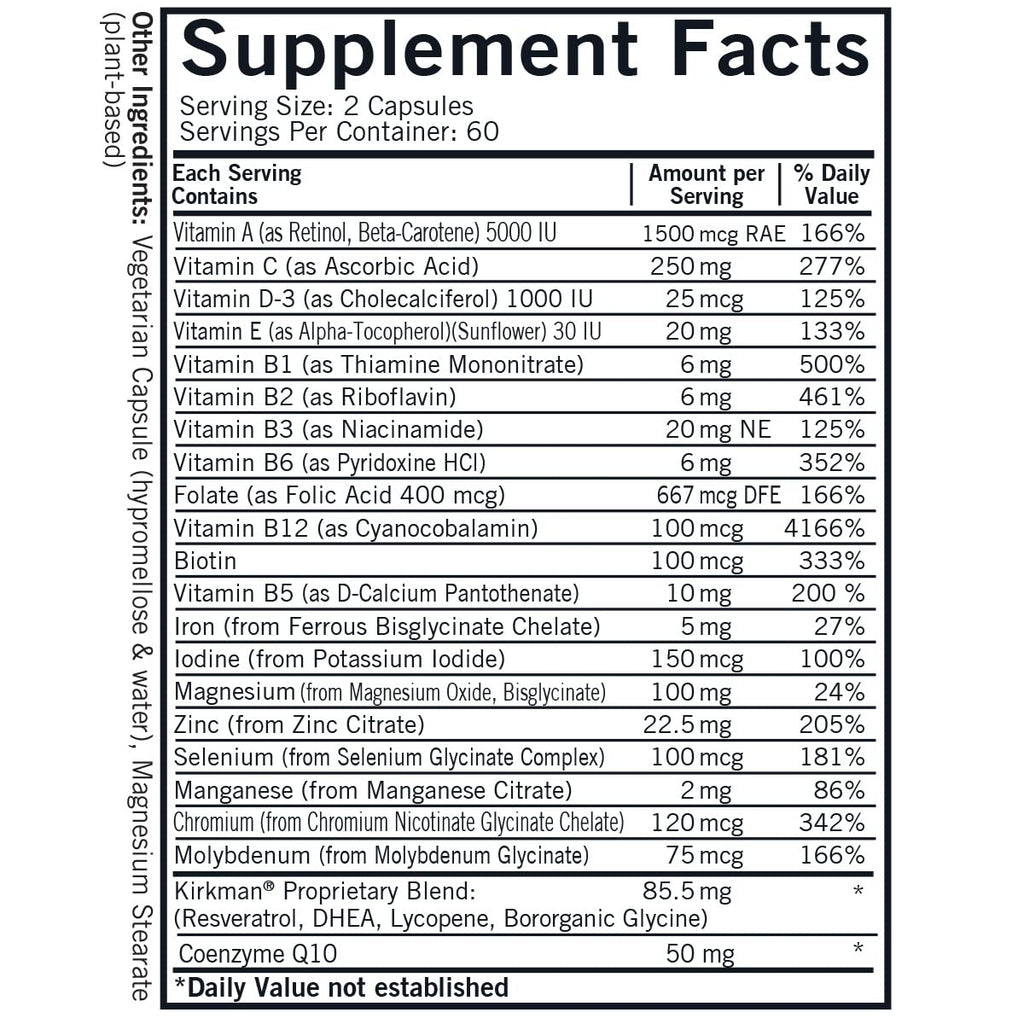 Kirkman 60 to 90 Men’s Multi-Vitamin and Mineral Boost || 120 Vegetarian Capsules || Provides Comprehensive Vitamin and Mineral Support for Senior Men || Gluten and Casein Free