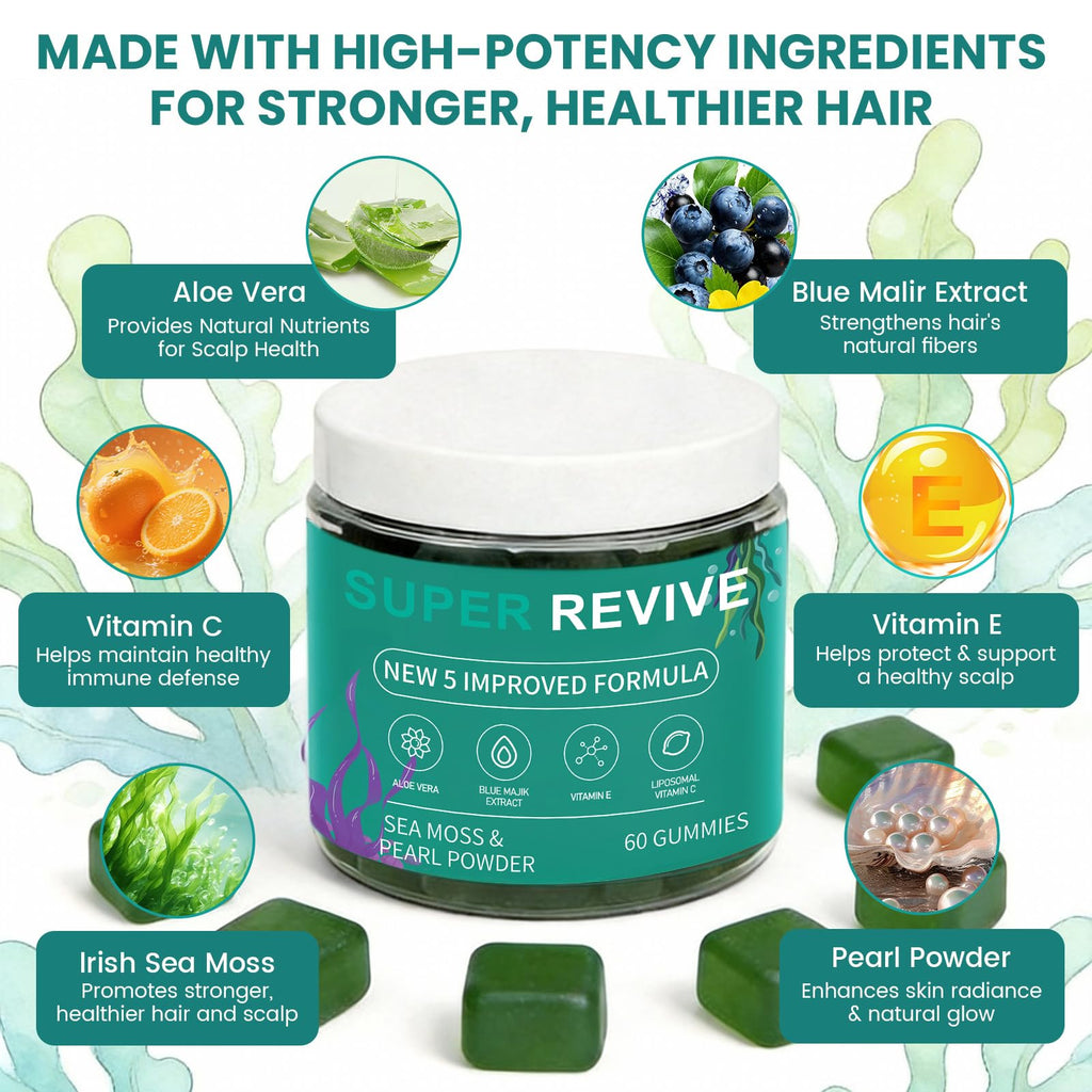 caicieter Super Revive Gummies for Hair Loss - Sea Moss Gummies with Vitamin C, E, Aloe Vera & Pearl Powder Glow, Promotes Thicker, Fuller & Stronger Hair - 60 Count