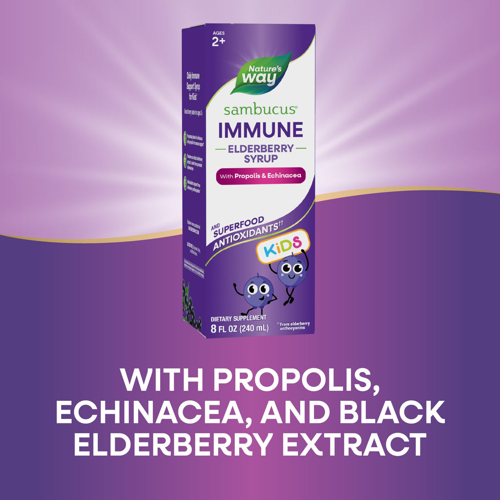 Nature's Way Sambucus Elderberry Immune Syrup for Kids Ages 2+, Echinacea & Propolis, with Superfood Antioxidants(1), Immune Support Syrup*, Vegetarian, Berry Flavored, 8 Fl Oz