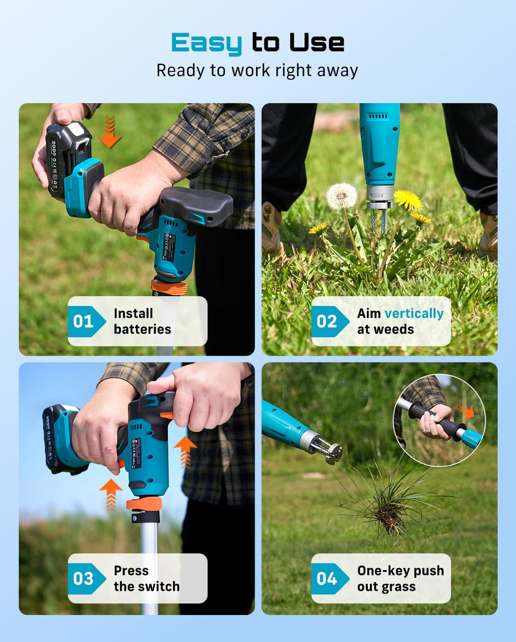 SEESII Electric Stand-Up Weed Puller, Steel 3-Claw Spiral, 40"-47" Handle