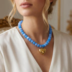 WOWORAMA Chunky Heart Necklace for Women Light Blue Resin Beaded Necklaces with Puffy Heart Pendant Chunky Statement Necklace Boho Trendy Summer Jewelry