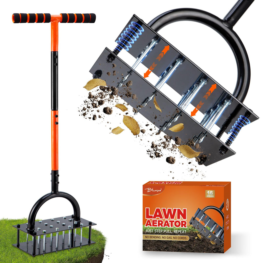Bluesea Lawn Aerator Tool - 16 Iron Spikes with Ergonomic T-Handle, Automatic Dirt Clean for Soil Loosening & Yard Aeration, Manual Metal Grass Aerator (Orange)