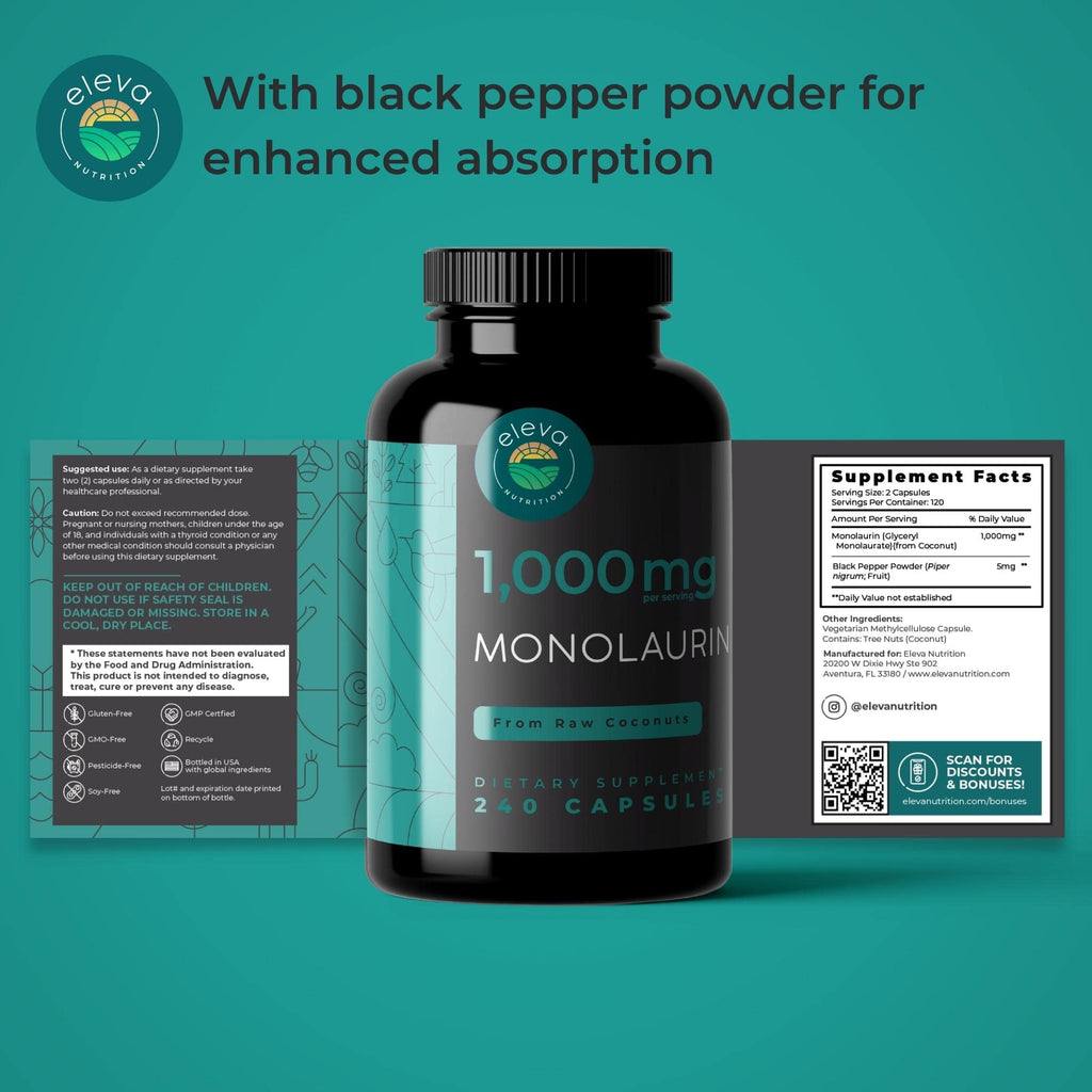 Monolaurin 1000mg Capsules — Made with Pure Glycerol and Lauric Acid from Raw Coconut — Natural Vegans- Non-GMO and Soy Free — 240 Capsules
