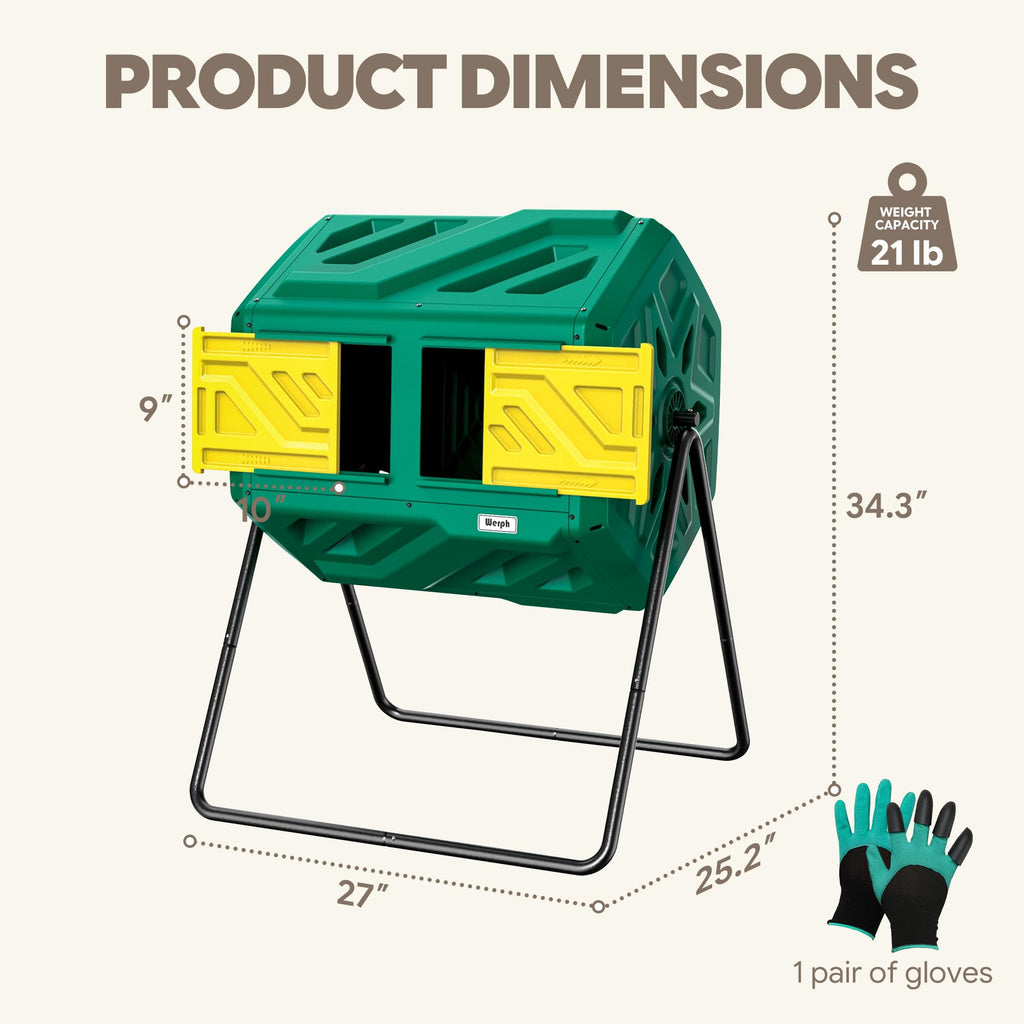 Werph 43 Gal Dual Chamber Compost Bin Tumbler for Backyard Garden, Green