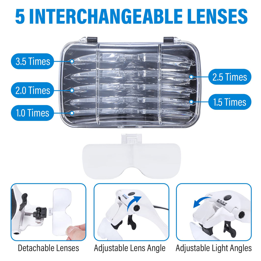 YOCTOSUN Magnifying Glasses with 4 LED Lights, Headband Magnifier with 5 Detachable Lenses 1X, 1.5X, 2X, 2.5X 3.5X -Rechargeable Hands Free Lighted Head Magnifier Glass for Crafts, Cross Stitch, Hobby