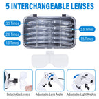 YOCTOSUN Magnifying Glasses with 4 LED Lights, Headband Magnifier with 5 Detachable Lenses 1X, 1.5X, 2X, 2.5X 3.5X -Rechargeable Hands Free Lighted Head Magnifier Glass for Crafts, Cross Stitch, Hobby