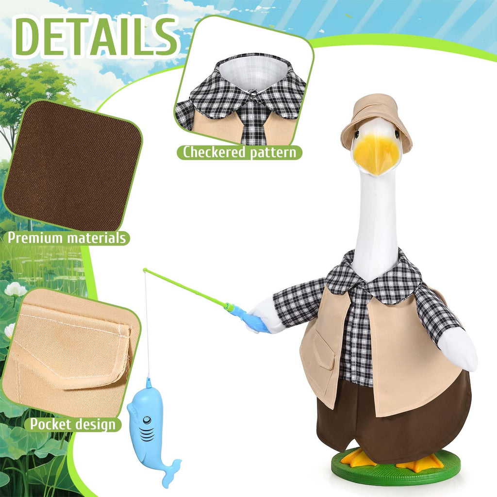 JcHrmers Fishing Porch Goose Outfits Fisherman Lawn Goose Clothes Fit 23" High Cement or Plastic Goose Statue for Outdoor Garden Yard Patio Decor