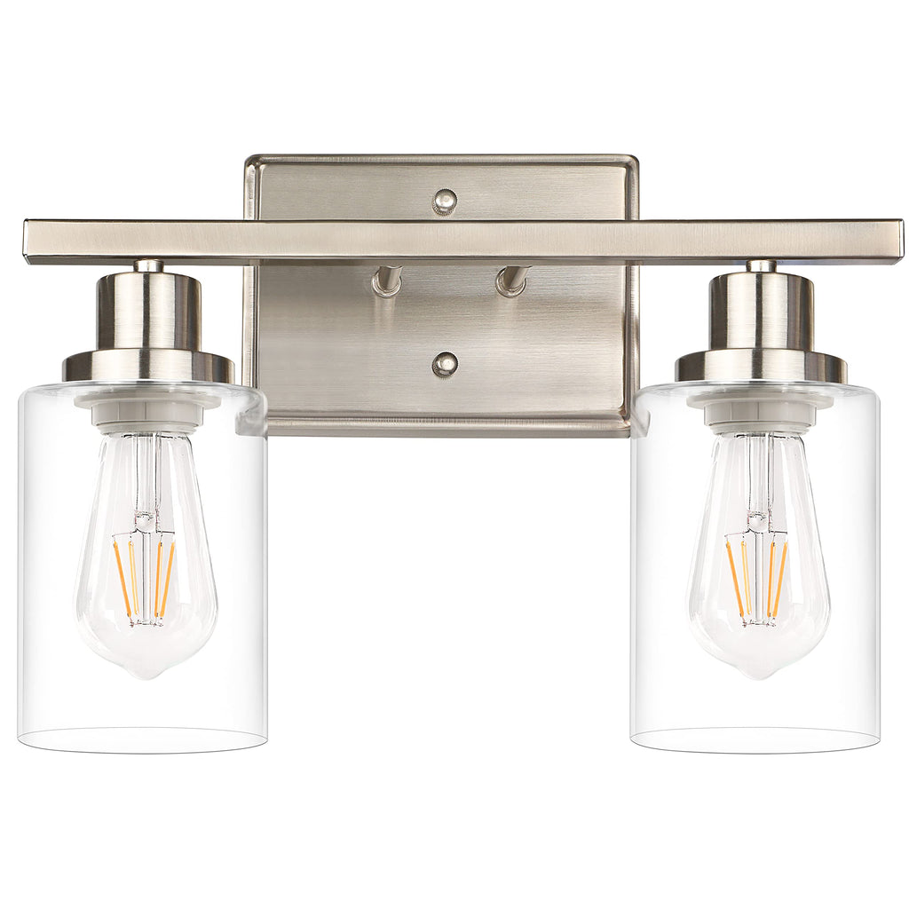 Ascher 2-Light Wall Sconces, Modern Vanity Light Fixture with Clear Glass Shade, Brushed Nickel Wall Light for Mirror Bedroom Hallway, E26 Base (Bulbs Not Included)
