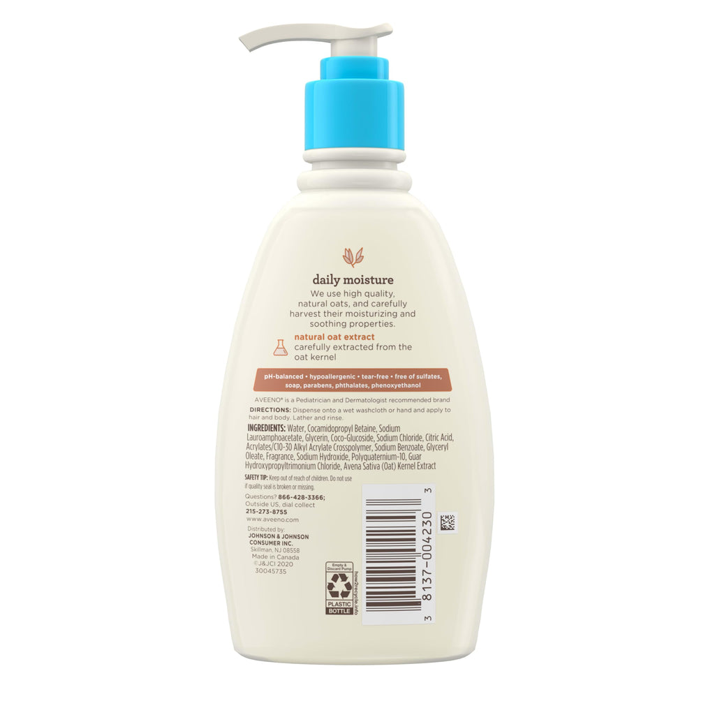 Aveeno Baby Daily Moisture Gentle Body Wash & Shampoo with Oat Extract, 2-in-1 Baby Bath Wash & Hair Shampoo, Tear- & Paraben-Free for Hair & Sensitive Skin, Lightly Scented, 12 fl. oz