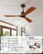 Forrovenco Ceiling Fans With Remote Control, Outdoor Ceiling Fan for Patios Indoor, 3 Downrods, 3 Blades, Timer, 6 Speed Reversible Quiet DC Motor Modern Fan Solid Wood Fan, 52in, Brown