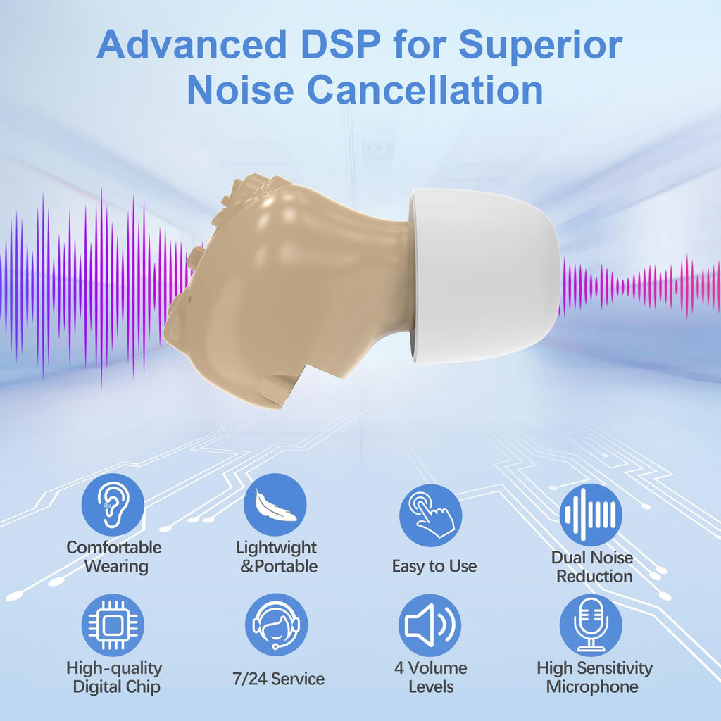 Hearing Aids for Seniors, Invisible Hearing Amplifiers with Noise Cancelling, Rechargeable Hearing Aids for Severe Hearing Loss Adults, Comfort In-ear Hearing Devices(Black&Skin)