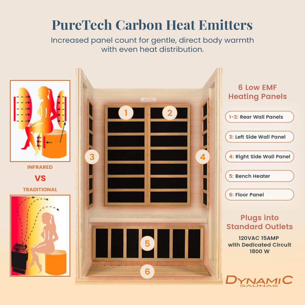 DYNAMIC SAUNAS Andora 2-Person Low EMF FAR Infrared Sauna with Red Light Therapy - Personal Indoor Dry Heat Wooden Sauna with Bluetooth Speakers for Home & Gym - Made from Canadian Hemlock Wood