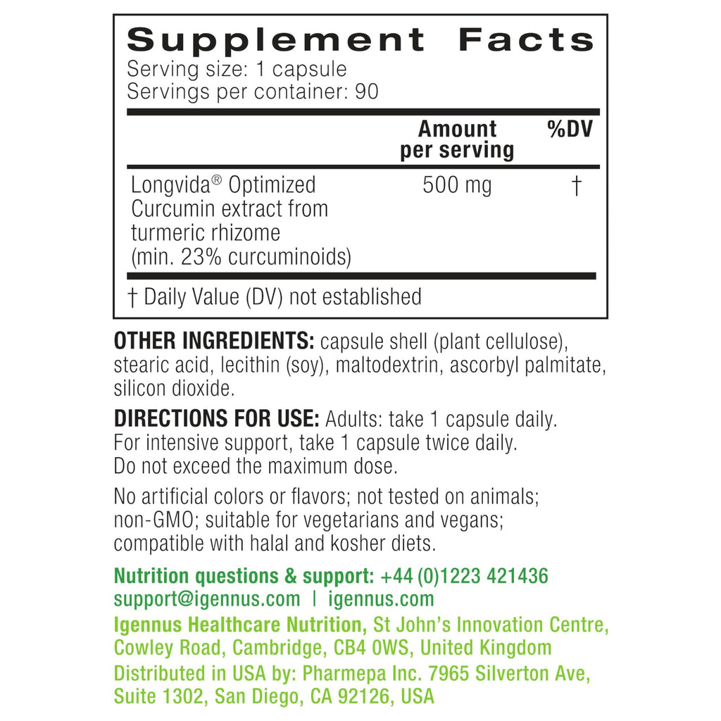 Igennus Longvida Lipidated Curcumin 500mg, Ultra Bioavailable & Sustained Action, 65x Higher Plasma Levels, Intensive Support, Free-Form Curcumin, Vegan, 90 Capsules