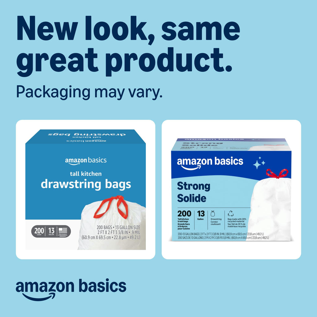 Amazon Basics Trash Bags, Tall Kitchen Drawstring, Unscented, 13 Gallon, 200 Count, Pack of 1, Packaging May Vary