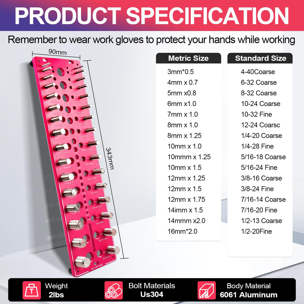 51-in-1 Bolt Size Finder & Thread Checker, 32 Metric & 32 SAE Nut and Bolt Thread Gauge with 19 Drill Bit Checker, CNC-Machined Aluminum Screw Size Chart, Go/No-Go ANSI Standard, Non-Slip Base