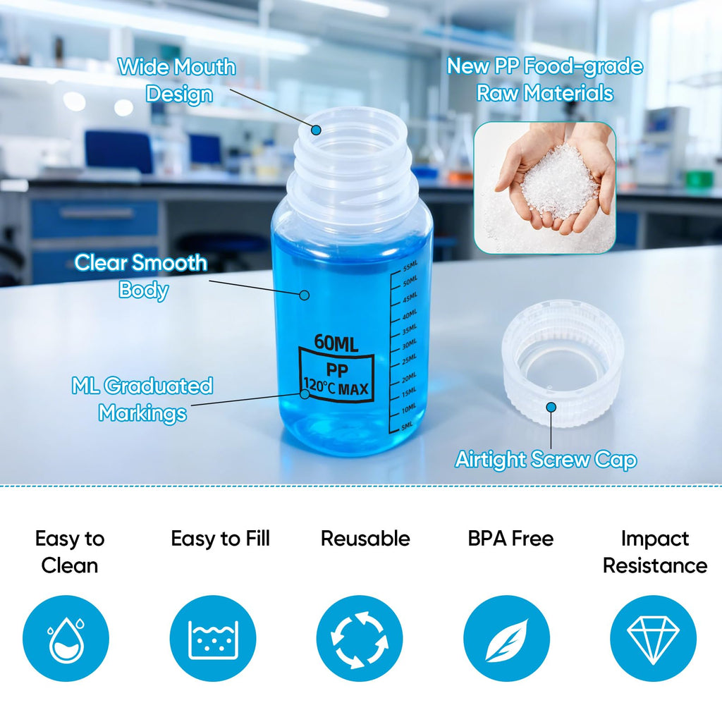 DEMORA Plastic Bottles with Airtight Caps 2oz/60ml, Food Grade Wide Mouth Liquid Containers, Reusable PP Graduated Measuring Bottles for Water Sample Lab Reagent Liquids Mixing (Clear, 4 Pcs)