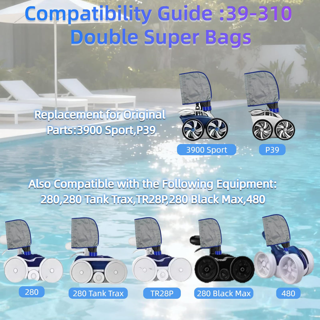 Chuanke 3900 Pool Cleaner Bag for 3900 Sport, 39-310 Double Space All Purpose Filter Bag with Zipper, SuperBag Accommodate 5 Liters Capacity Compatible with 3900, P39, 480, 280 Pool Cleaners (2 Pack)