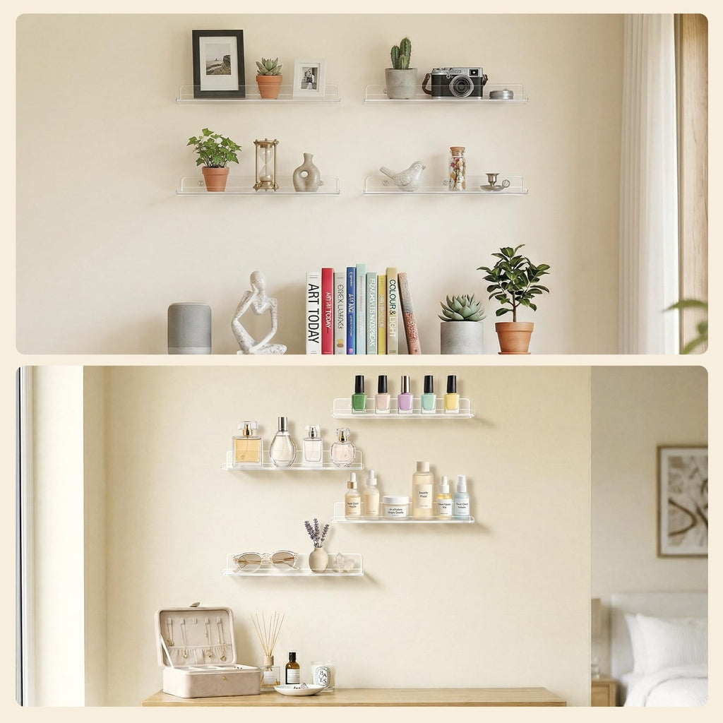 Lifewit Floating Shelves for Wall, Acrylic Display Shelf Wall Mounted for Figure, Car, Art, Book, 14" Perfume Organizer for Bathroom, Bedroom, Living Room, Nursery, Home Decor, Clear, 10 Pack