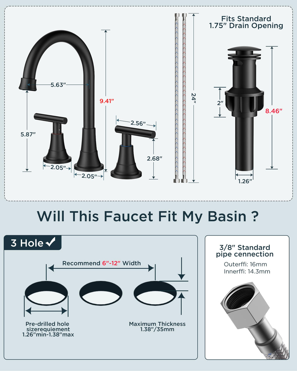 FORIOUS Black Bathroom Faucet 3 Hole Vanity, 2 Handle 360° Swivel Matte Black 8 Inch Widespread Bathroom Sink Faucet 3 Holes, with 360 Degree Rotating Spout, Pop-up Drain, Supply Lines