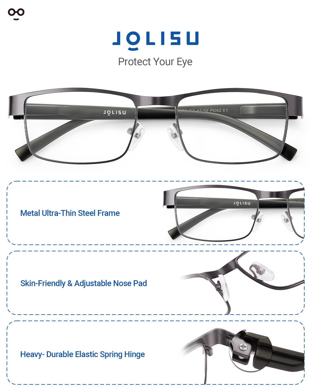 JOLISU 5PCS Reading Glasses Men - Blue Light Blocking Computer Metal Thin Frame Readers For Mens/Women W/Case（2.00）