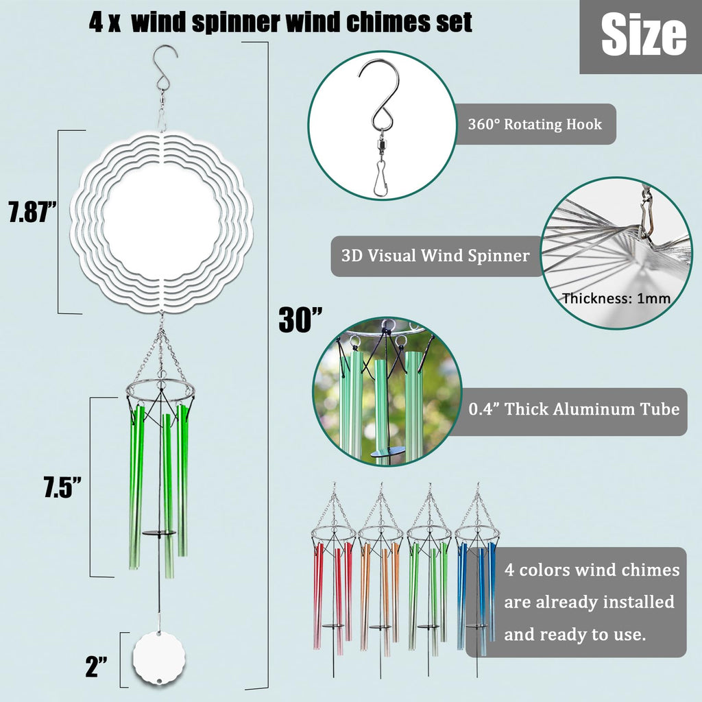 4 Packs Sublimation Wind Chime Wind Spinner Blanks Set 3D Aluminum Metal Wind Sculpture Kinetic Spinners Chimes for Yard and Garden Indoor Hanging Decoration (Classics)