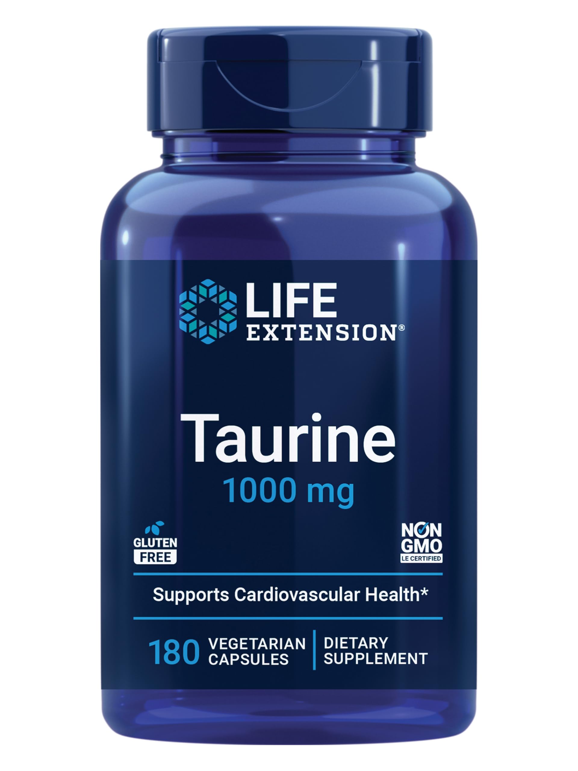 Life Extension Taurine, Pure Taurine Amino Acid Supplement, Heart, Liver and Brain Health, Longevity, Muscle and Exercise, 1000 mg, Non-GMO, Gluten-Free, Vegetarian, 180 Vegetarian Capsules