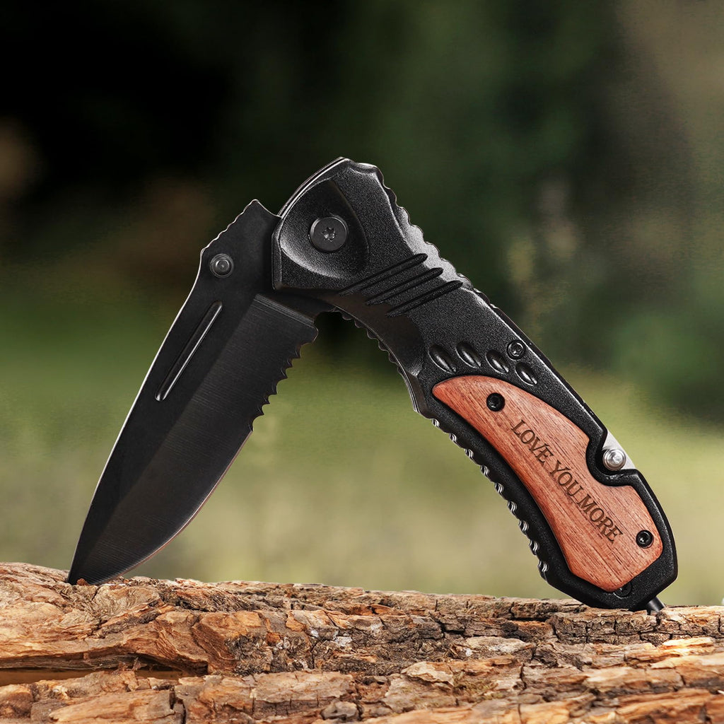Gifts for Men Dad Him Fathers Day, Anniversary Birthday Gifts ideas for Boyfriend Husband, Engraved Pocket Knife, Wooden Handle Folding Knife with Wood Box, Unique Outdoor Camping Hunting Fishing Tool