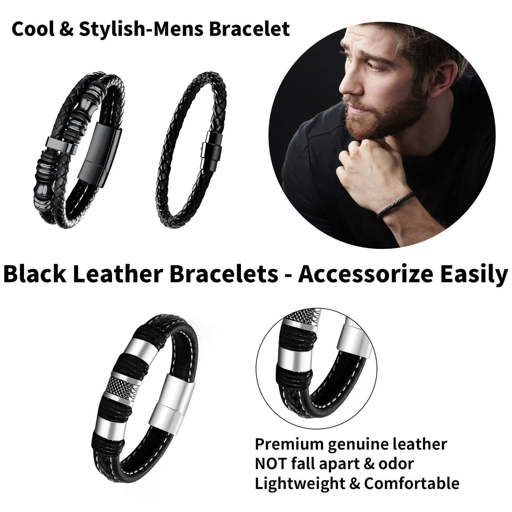 LOWNOUR Black Leather Bracelets for Men Women 5pcs Mens Bracelet Leather and Steel Braided Cuff Bracelets (A- 7.5inch)