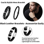 LOWNOUR Black Leather Bracelets for Men Women 5pcs Mens Bracelet Leather and Steel Braided Cuff Bracelets (A- 7.5inch)