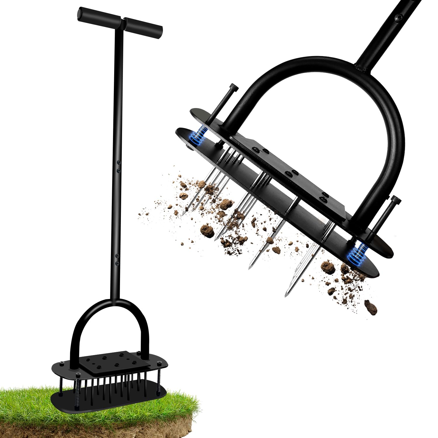 Aerator Lawn Tool, 16 Iron Spikes Manual Lawn Aerators with 3-Layer Anti-Loose Cover & Spring Auto Soil Clean, Yard Grass Aerator for Healthier Lawn, Garden Tool, Pre-Assembled Base for Easy Setup