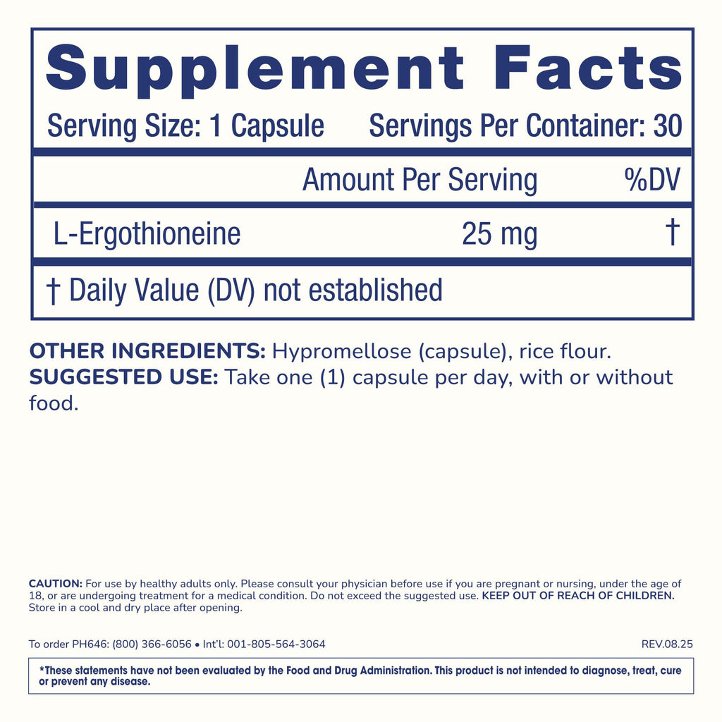 ProHealth Ergothioneine 5X Strength. 25mg Clinical Research Dose. Natural Amino Acid Mushroom Supplement for Improved Cognition, Heart Health. Longevity Vitamin. 25 mg/Serving, 30 Servings (3 Pack)