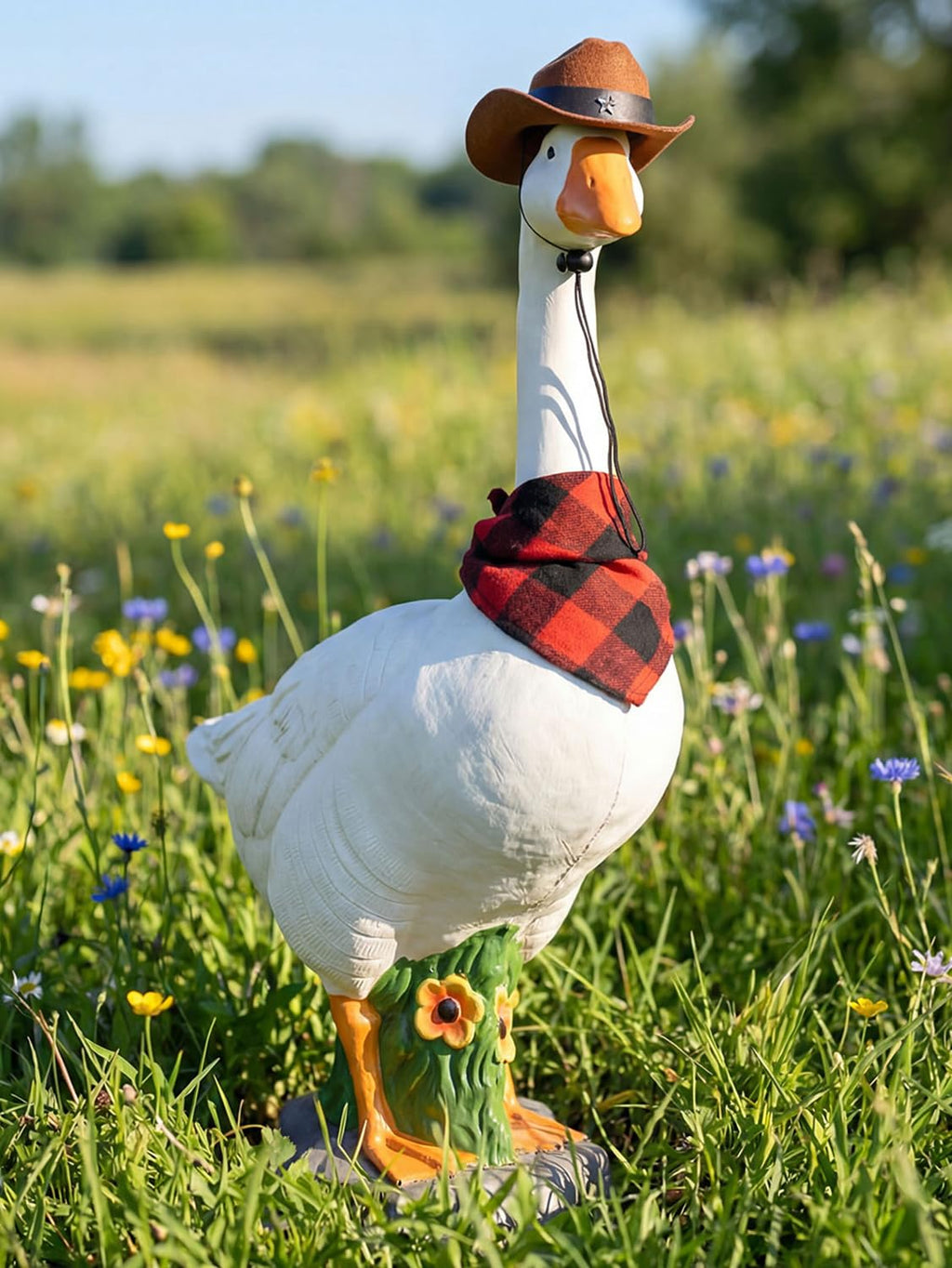 LarpGears Premium Adjustable Large Porch Goose Statue – 23” Realistic Hollow Plastic Garden Goose with Removable Cowboy Hat & Bandana, Stone Base with Sand-Fillable Design for Outdoor Stability