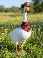 LarpGears Premium Adjustable Large Porch Goose Statue – 23” Realistic Hollow Plastic Garden Goose with Removable Cowboy Hat & Bandana, Stone Base with Sand-Fillable Design for Outdoor Stability
