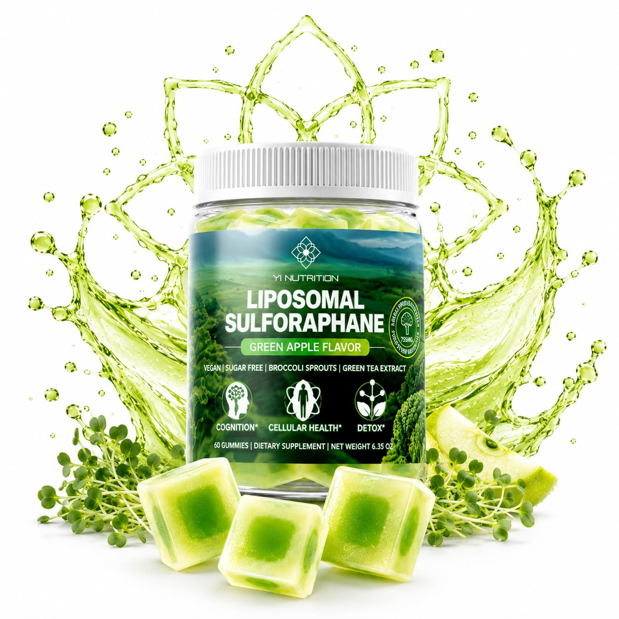 Liposmal Sulforaphane Gummies - Broccoli Sprouts Extract 755mg Total with Myrosinase, Glucoraphanin, and Green Tea Extract | Broccoli Sprout Supplement for Antioxidant, Detox & Cellular Health