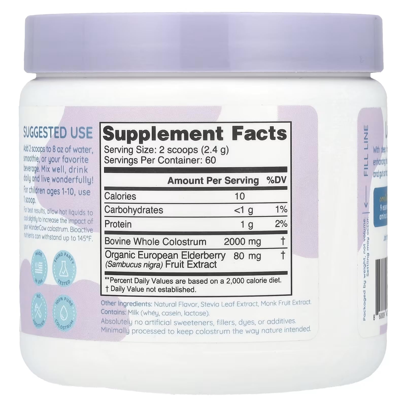 WONDERCOW Colostrum Supplement Powder for Gut Health, Immune Support & Wellness | Natural IgG Pure Whole Bovine Colostrum Superfood, Elderberry, 60 Servings